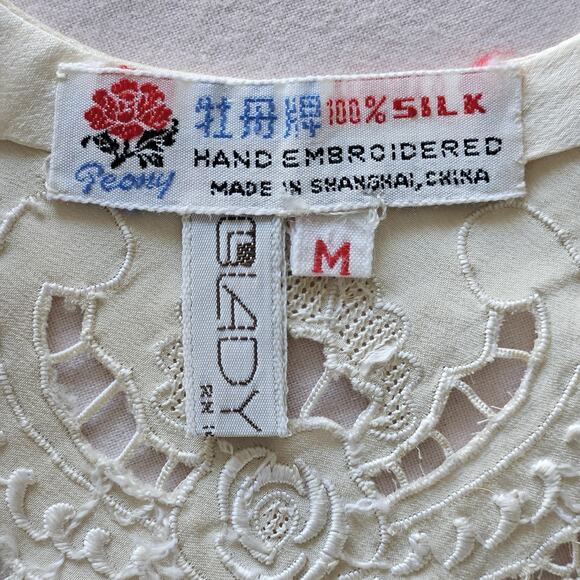 Vtg 100% Pure Silk Slip Night Gown M Ivory Lace Hand Embroidered Coquette Bridal - Picture 11 of 16